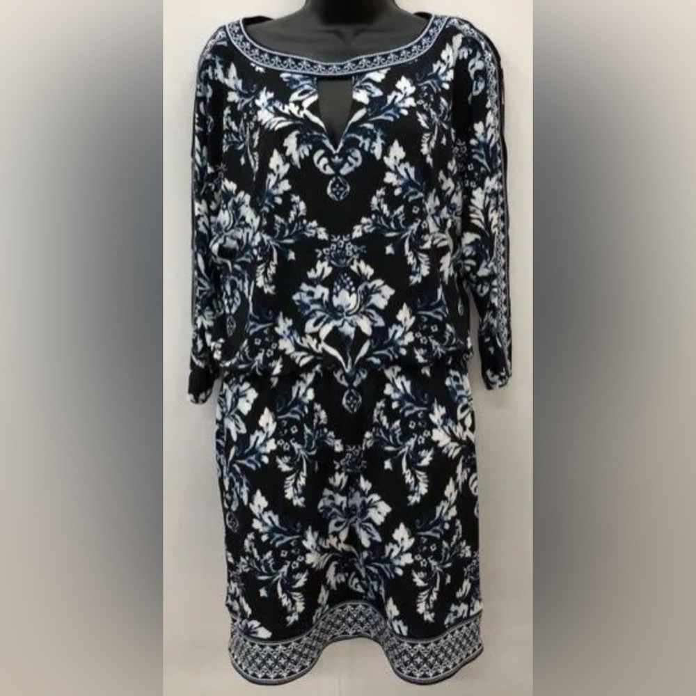 White House Black Market black blue white split arm floral L long tunic NWT